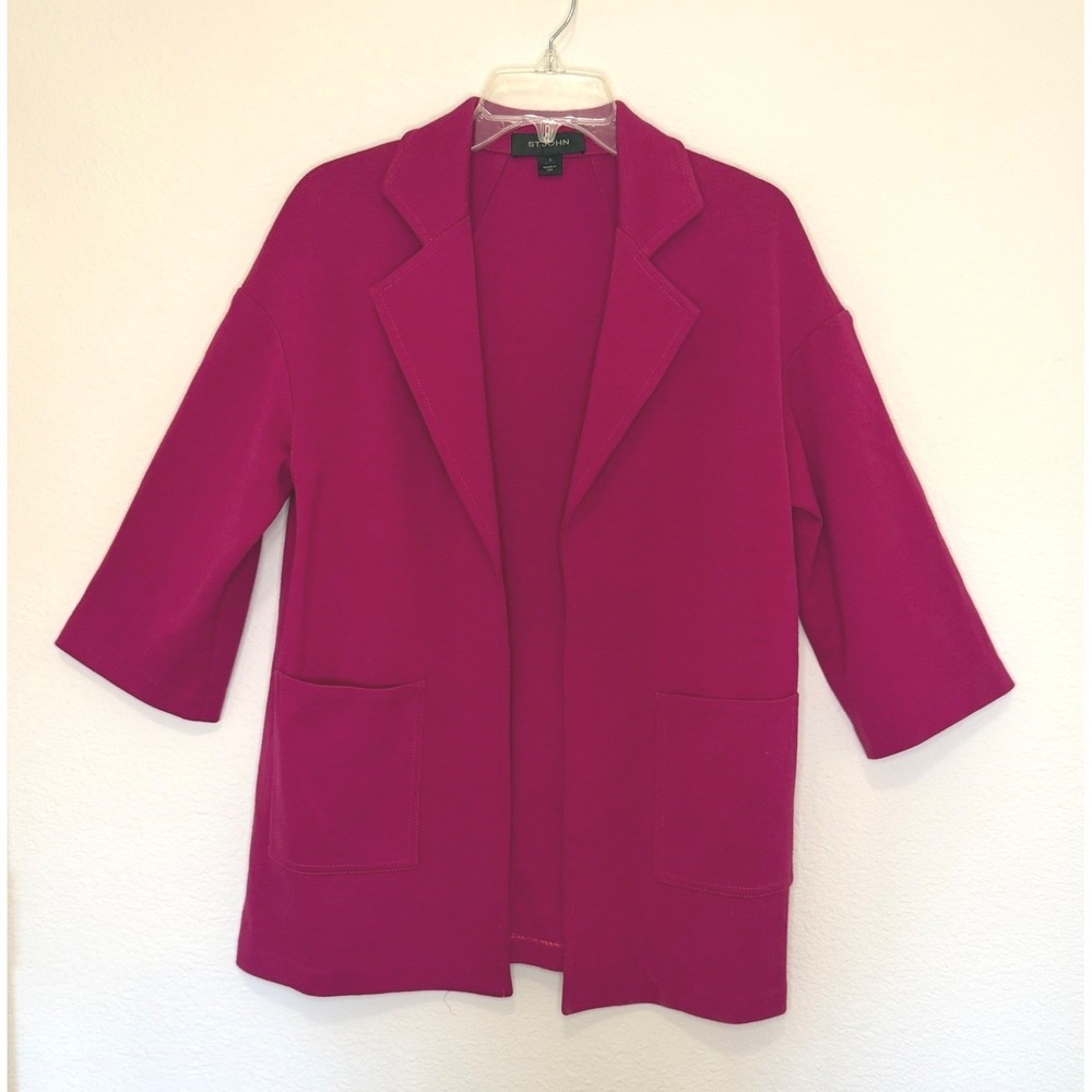 St‎ John Knit Blazer Jacket 8 Pink Magenta Wool Blend Structured Career Luxury